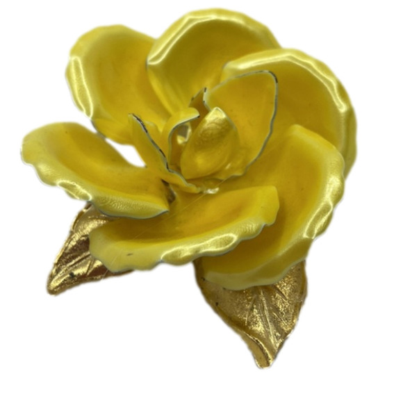 Vintage Yellow Rose Gold Leaf Metal Brooch Pin - Picture 1 of 11